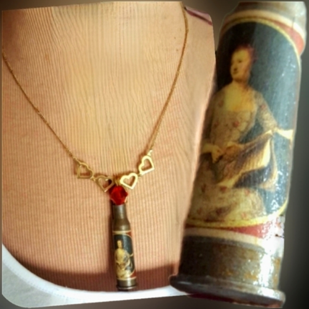 Vtg bronze 3006 bullet casing Victorian woman portrait ruby hearts necklace NWT